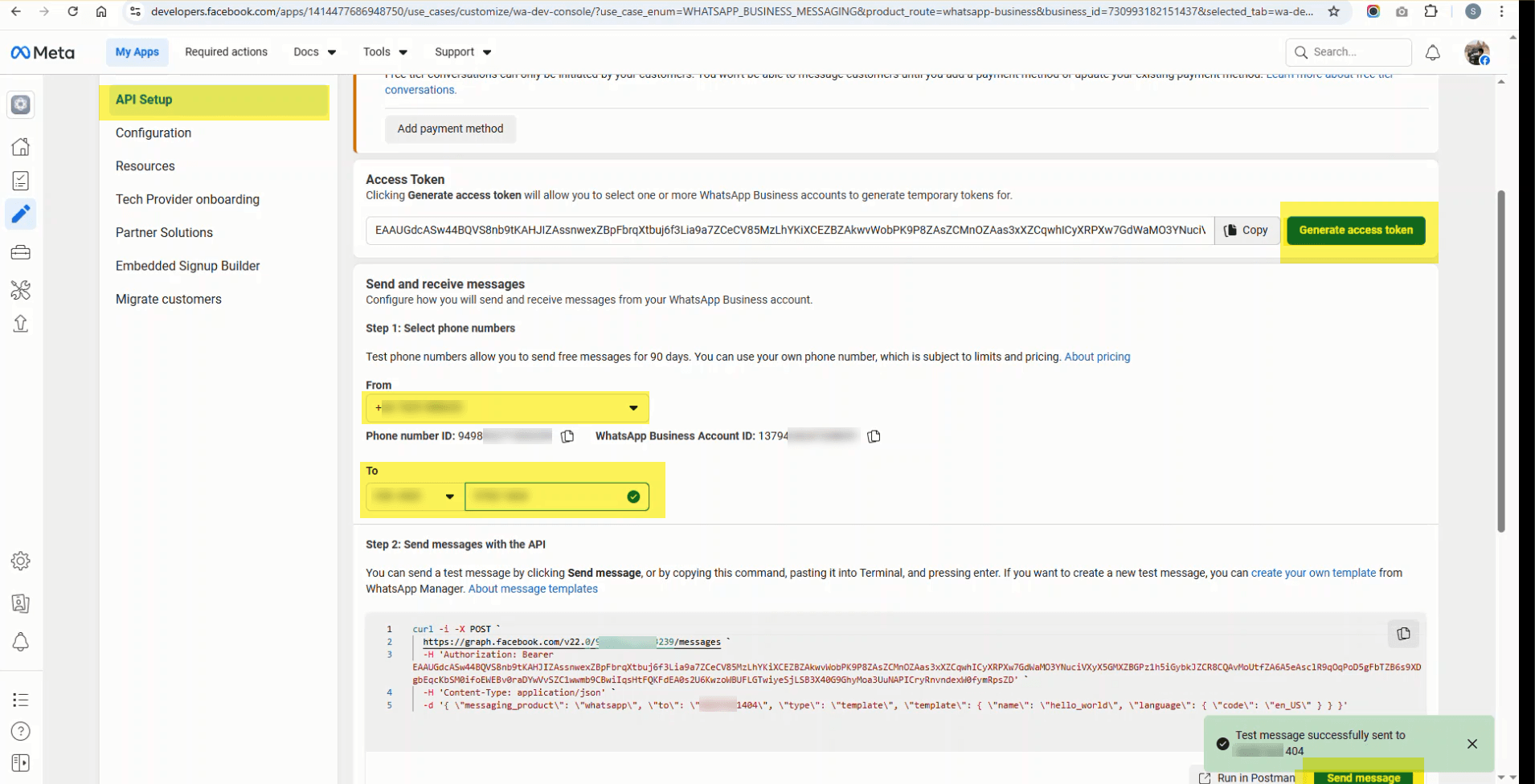 Generate temporary access token and send test message