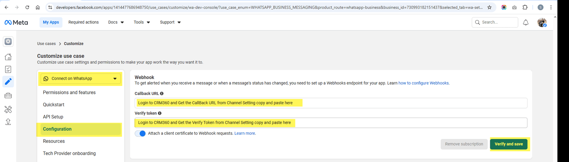 Copy Callback URL and Verify Token from Channel Settings