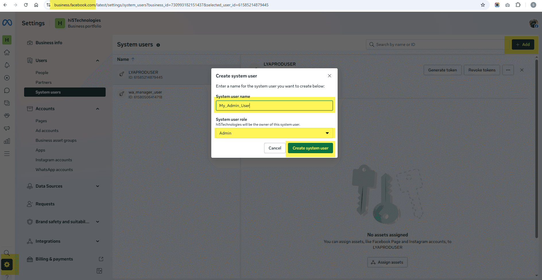 Create system user in Business Settings