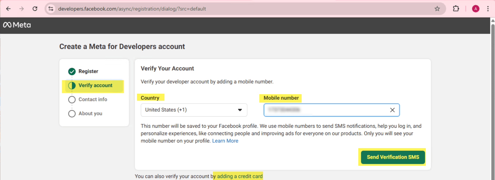 Verify Meta Developer account
