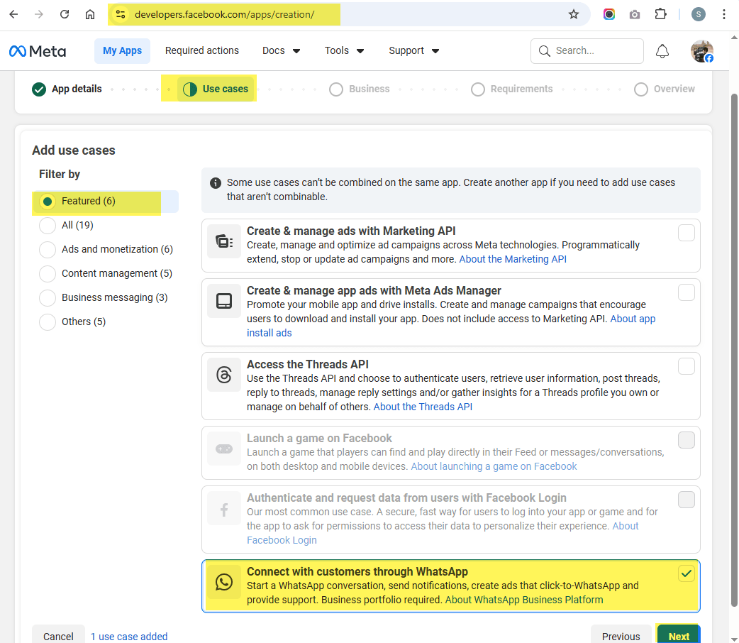 Select Use Case - Connect with customers through WhatsApp
